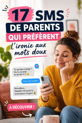 Un parent souriant envoyant un SMS humoristique