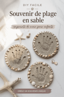 Un souvenir de plage fait avec des empreintes de mains d'enfants dans le sable.