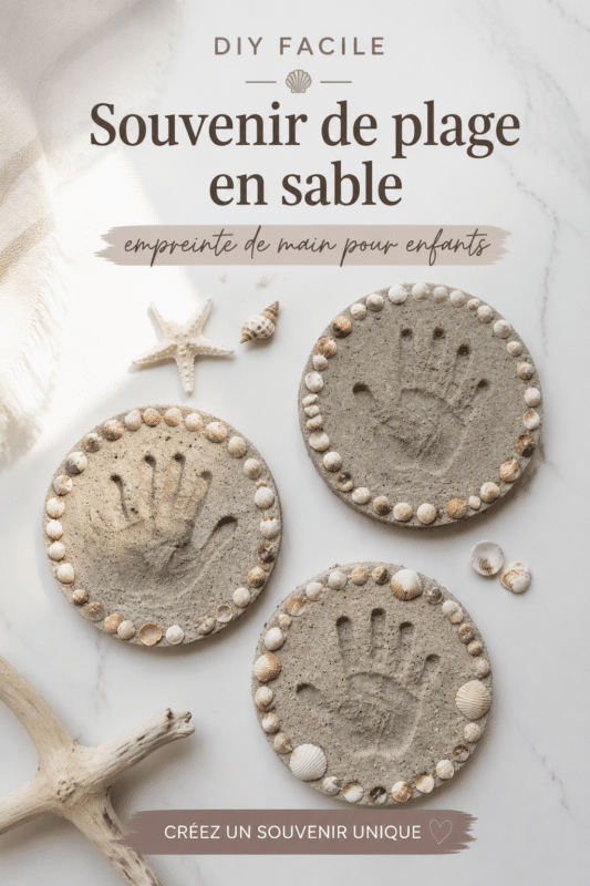 Un souvenir de plage fait avec des empreintes de mains d'enfants dans le sable.
