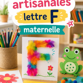 Illustration colorée d'activités artisanales sur la lettre F pour enfants.