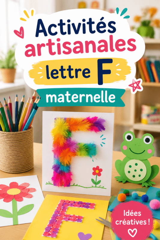 Illustration colorée d'activités artisanales sur la lettre F pour enfants.