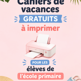 Un enfant heureux travaillant sur un cahier de vacances imprimé.