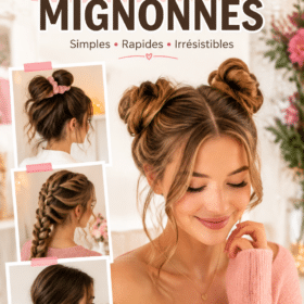 Exemple de coiffure mignonne pour enfant avec un chignon et des accessoires colorés