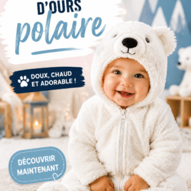 Un enfant souriant portant un costume d'ours polaire dans un parc d'hiver.