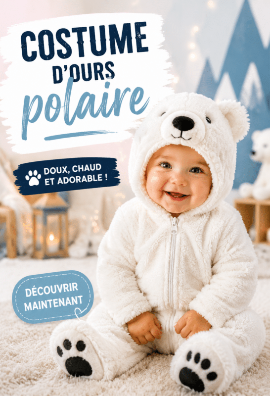 Un enfant souriant portant un costume d'ours polaire dans un parc d'hiver.