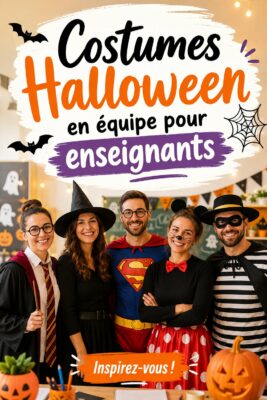 Enseignants déguisés en équipe pour Halloween, souriants et joyeux.