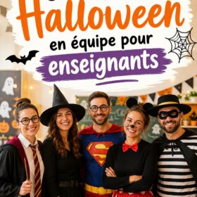 Enseignants déguisés en équipe pour Halloween, souriants et joyeux.