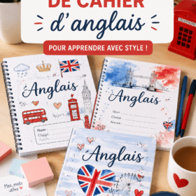 Couvertures de cahier colorées et personnalisées disposées sur une table.
