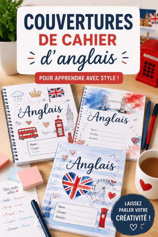 Couvertures de cahier colorées et personnalisées disposées sur une table.