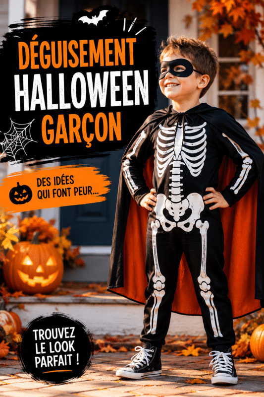 Un garçon souriant en déguisement d'Halloween, prêt à fêter la fête, costume coloré et joyeux.