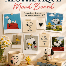 Chambre d'enfant décorée avec des fonds d'écran et accessoires Snoopy colorés.