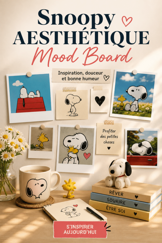 Chambre d'enfant décorée avec des fonds d'écran et accessoires Snoopy colorés.