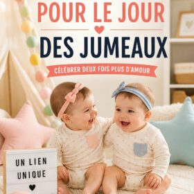 Deux jumeaux souriants lors d'une fête d'anniversaire, entourés de décorations colorées.