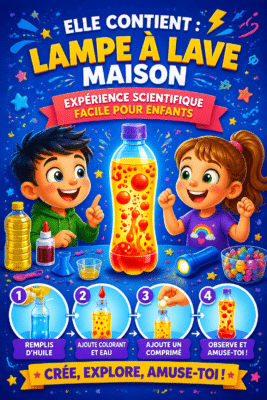 Une lampe à lave colorée scintille sur une table, projet de loisirs créatifs pour les enfants.
