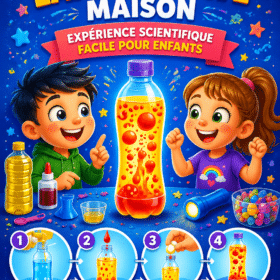 Une lampe à lave colorée scintille sur une table, projet de loisirs créatifs pour les enfants.