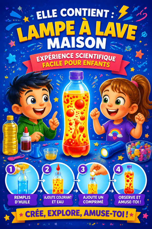 Une lampe à lave colorée scintille sur une table, projet de loisirs créatifs pour les enfants.