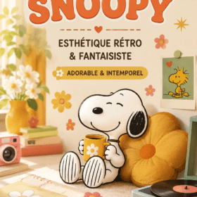 Chambre d'enfant décorée avec du papier peint Snoopy au motif coloré et chaleureux