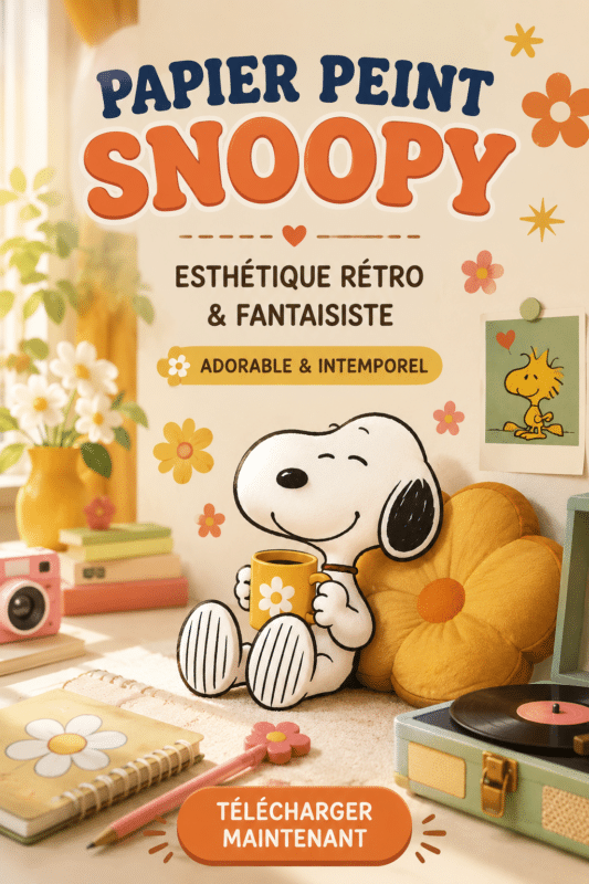 Chambre d'enfant décorée avec du papier peint Snoopy au motif coloré et chaleureux