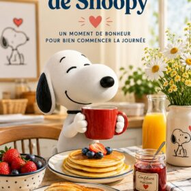 Petit-déjeuner inspiré de Snoopy avec des pancakes et des fruits.