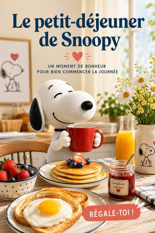 Petit-déjeuner inspiré de Snoopy avec des pancakes et des fruits.