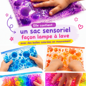 Sac sensoriel coloré avec des bulles en mouvement pour enfants, stimulant l'éveil et la créativité.