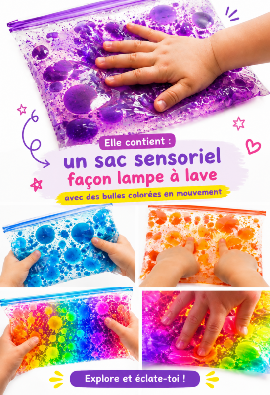 Sac sensoriel coloré avec des bulles en mouvement pour enfants, stimulant l'éveil et la créativité.