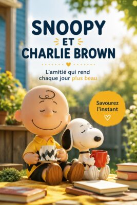 Snoopy et Charlie Brown entourés de leur univers coloré et joyeux, illustrant leur amitié inébranlable.