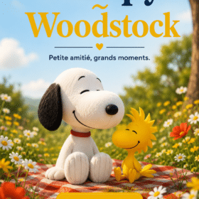 Snoopy et Woodstock, les meilleurs amis de Peanuts, se reposent sur une jolie niche.