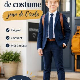 Un enfant souriant porte une tenue colorée pour le jour de l'école.