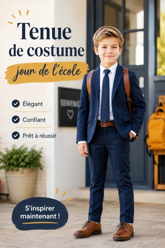 Un enfant souriant porte une tenue colorée pour le jour de l'école.
