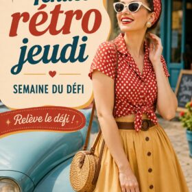 Une femme portant une tenue rétro colorée, inspirée des tendances vintage.