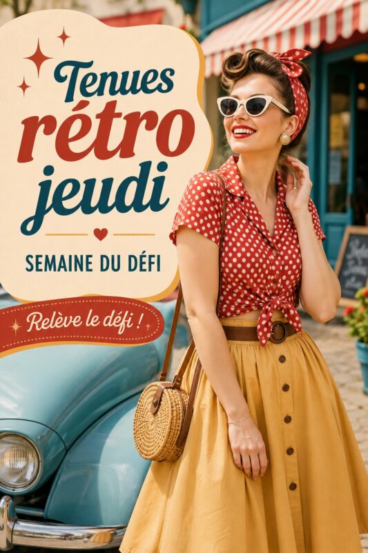 Une femme portant une tenue rétro colorée, inspirée des tendances vintage.