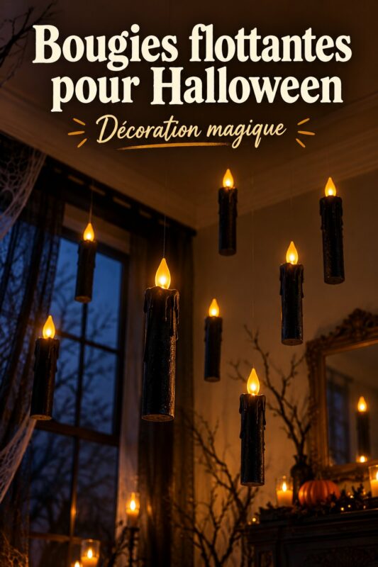 Bougies flottantes décoratives pour Halloween, créant une ambiance magique.