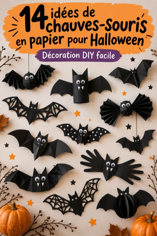 Bricolages de chauves-souris en papier pour Halloween avec décorations colorées.