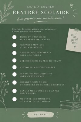 Une checklist colorée pour la rentrée scolaire, remplie de fournitures. Matériel scolaire organisé sur une table.