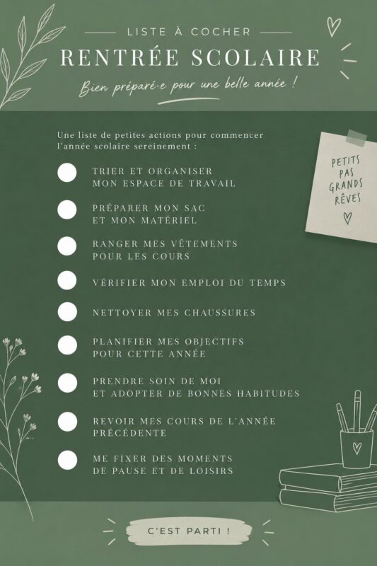 Une checklist colorée pour la rentrée scolaire, remplie de fournitures. Matériel scolaire organisé sur une table.