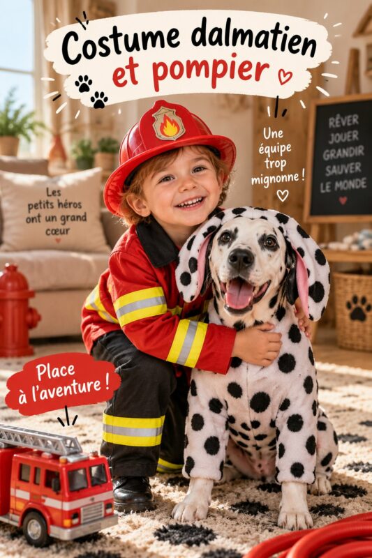 Un enfant vêtu d'un costume dalmatien souriant joyeusement, prêt pour Halloween