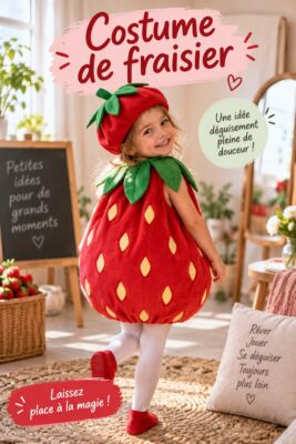Enfant portant un costume de fraisier, joyeux et souriant.
