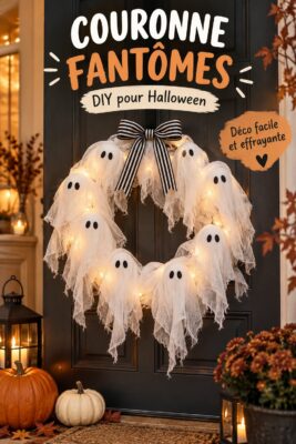 Couronne fantôme DIY pour Halloween accrochée à une porte