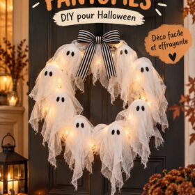 Couronne fantôme DIY pour Halloween accrochée à une porte