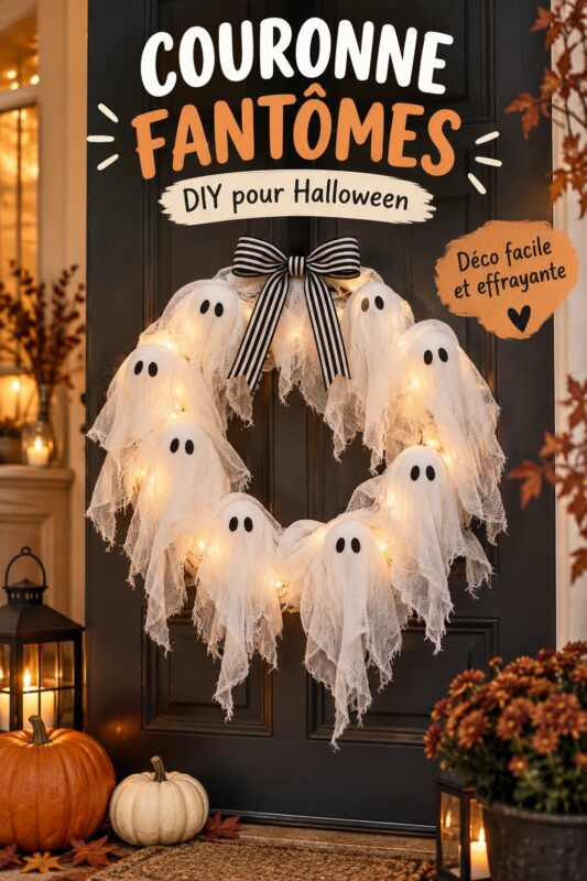 Couronne fantôme DIY pour Halloween accrochée à une porte