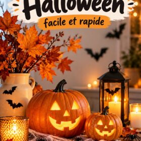 Une maison décorée avec des éléments d'Halloween tels que des citrouilles et des toiles d'araignées