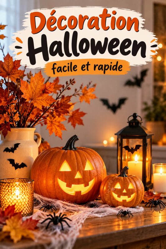 Une maison décorée avec des éléments d'Halloween tels que des citrouilles et des toiles d'araignées