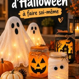 Décorations DIY cozy pour Halloween avec des citrouilles et des fantômes en papier.