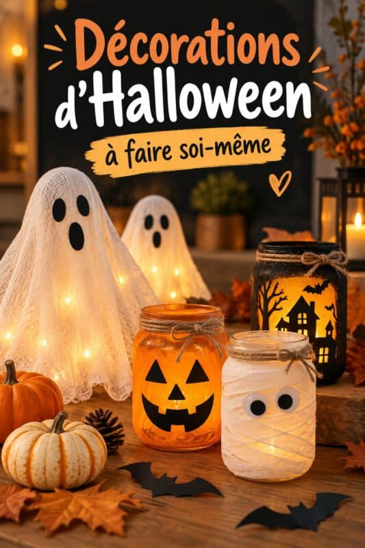 Décorations DIY cozy pour Halloween avec des citrouilles et des fantômes en papier.
