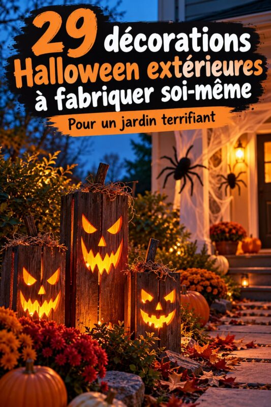 Un jardin décoré pour Halloween avec des fantômes et des citrouilles en DIY.