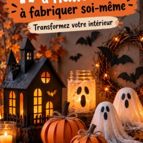 Une maison décorée avec des éléments d'Halloween bien faits maison, lunettes de monstres et citrouilles