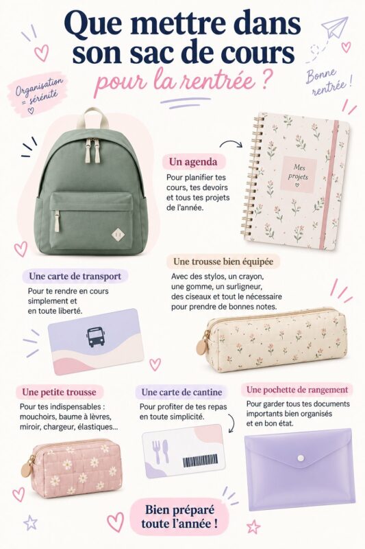Sac de cours bien organisé pour la rentrée scolaire, avec des fournitures et des livres.