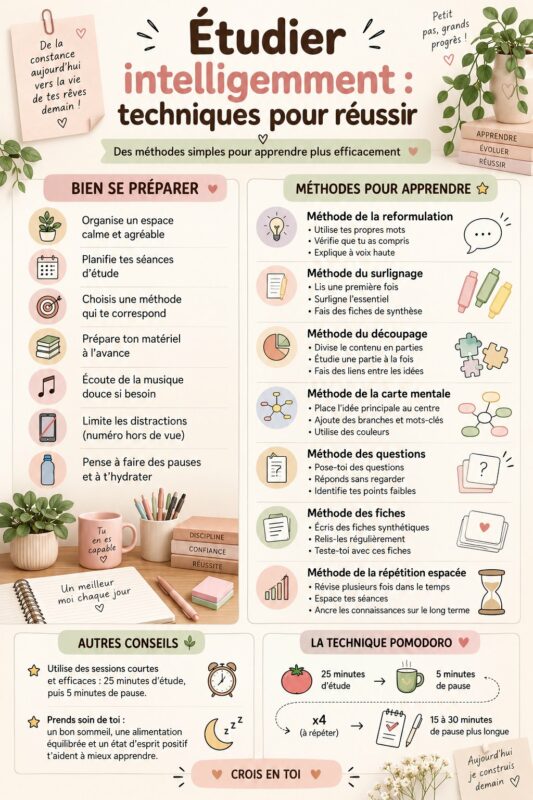 Un étudiant concentré dans un environnement d'étude agréable, illustrant les techniques d'étude intelligentes