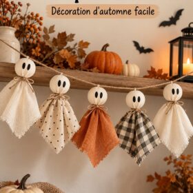 Guirlande fantôme en tissu accrochée dans un salon décoré pour Halloween